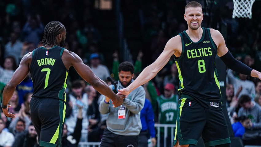 Celtics teammates Jaylen Brown and Kristaps Porzingis