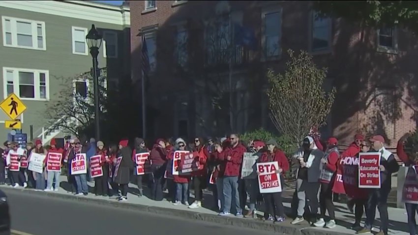 Educators on strike in Beverly, Massachusetts, on Saturday, Nov. 9. 2024.