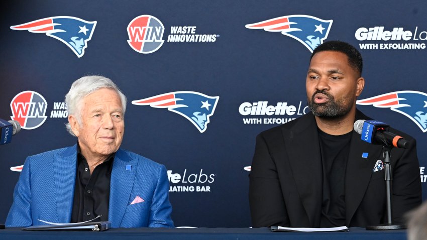 Jan 17, 2024; Foxborough, MA, USA; New England Patriots head coach Jerod Mayo (right) addresses media at a press conference announcing his hiring as the team’s head coach at Gillette Stadium. Mandatory Credit: Eric Canha-USA TODAY Sports