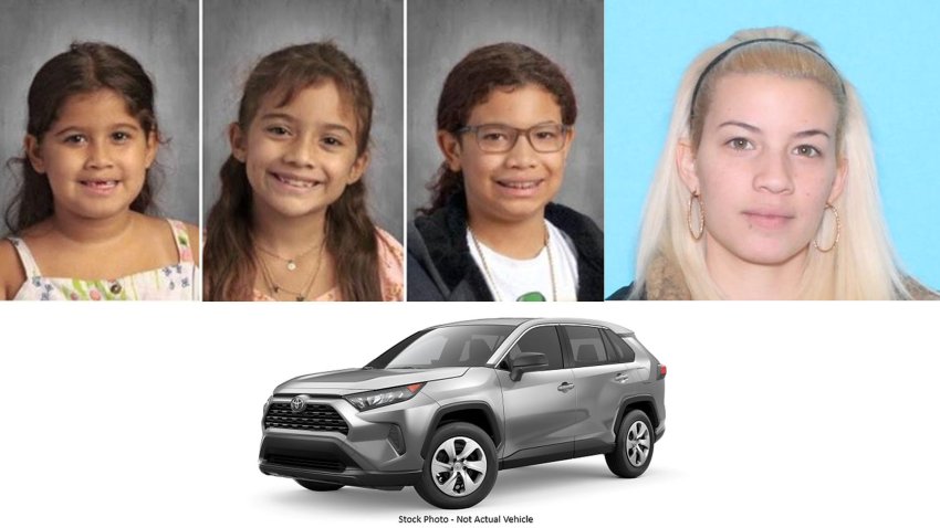 An image of Ashley Vazquez, right; the three children she is accused of kidnapping, Aliyah Campos, Aleyshka Campos and Janiel Trinidad; and a stock image of the SUV she's believed to be driving