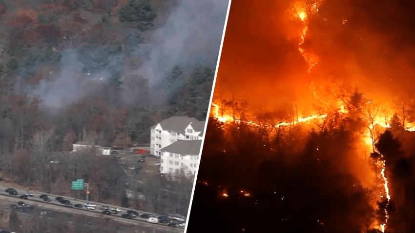 Brush fires burning in Reading (left) and Lynn (right) amid Massachusetts' drought on Friday, Nov. 8, 2024.