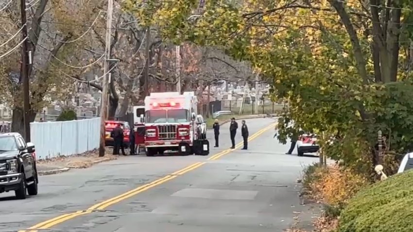 First responders in Everett, Massachusetts, on Monday, Nov. 4, 2024, apparently part of an investigation into drug-making materials being dumped around the city.