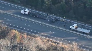 A crashed car on Route 128 in Gloucester, Massachusetts, on Friday, Nov. 15, 2024.