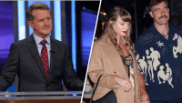 (L-R)Ken Jennings, Taylor Swift and Travis Kelce.