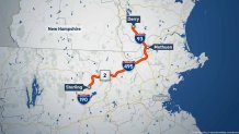 A map showing the route a stolen SUV took during a police chase Monday, Nov. 25, 2024. It started in Derry, New Hampshire and traveled into Massachusetts, going through Methuen and into Sterling.