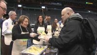 Massachusetts Gov. Maura Healey serves a Thanksgiving dinner at TD Garden for the 28th annual Table of Friends event on Wednesday, Nov. 27, 2024.