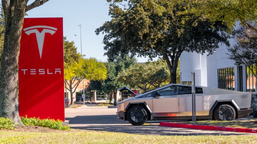 A Tesla Cybertruck is parked outside of a dealership on November 14, 2024 in Austin, Texas.