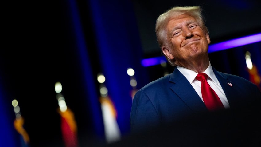  U.S. President-elect Donald Trump smiles at the crowd during the National Guard Association of the United States’ 146th General Conference & Exhibition at Huntington Place Convention Center on Aug. 26, 2024 in Detroit, Michigan.