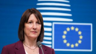  British Chancellor of the Exchequer Rachel Reeves talks to the media at the EU Council headquarter on Dec. 9, 2024 in Brussels, Belgium. 