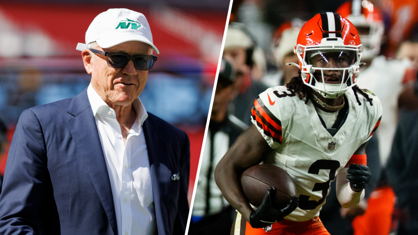 Split image of Woody Johnson and Jerry Jeudy