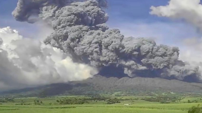 In this handout photo provided by the Philippine Institute of Volcanology and Seismology, an explosive eruption occurred at the summit vent of Kanlaon volcano, as seen from Mansalanao, Negros Occidental province, Philippines on Monday, Dec. 9, 2024.