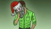 An illustration of an adult covering their face with a Santa mask