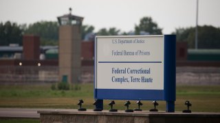 View of a sign outside the Terre Haute Federal Correctional Complex.