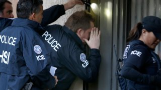 File - Immigration and Customs Enforcement (ICE) agents on March 3, 2015, in Rowland Heights, California.