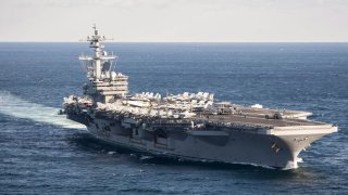 US aircraft carrier USS George Washington is seen during its mission in the eastern Mediterranean Sea on February 5, 2017.