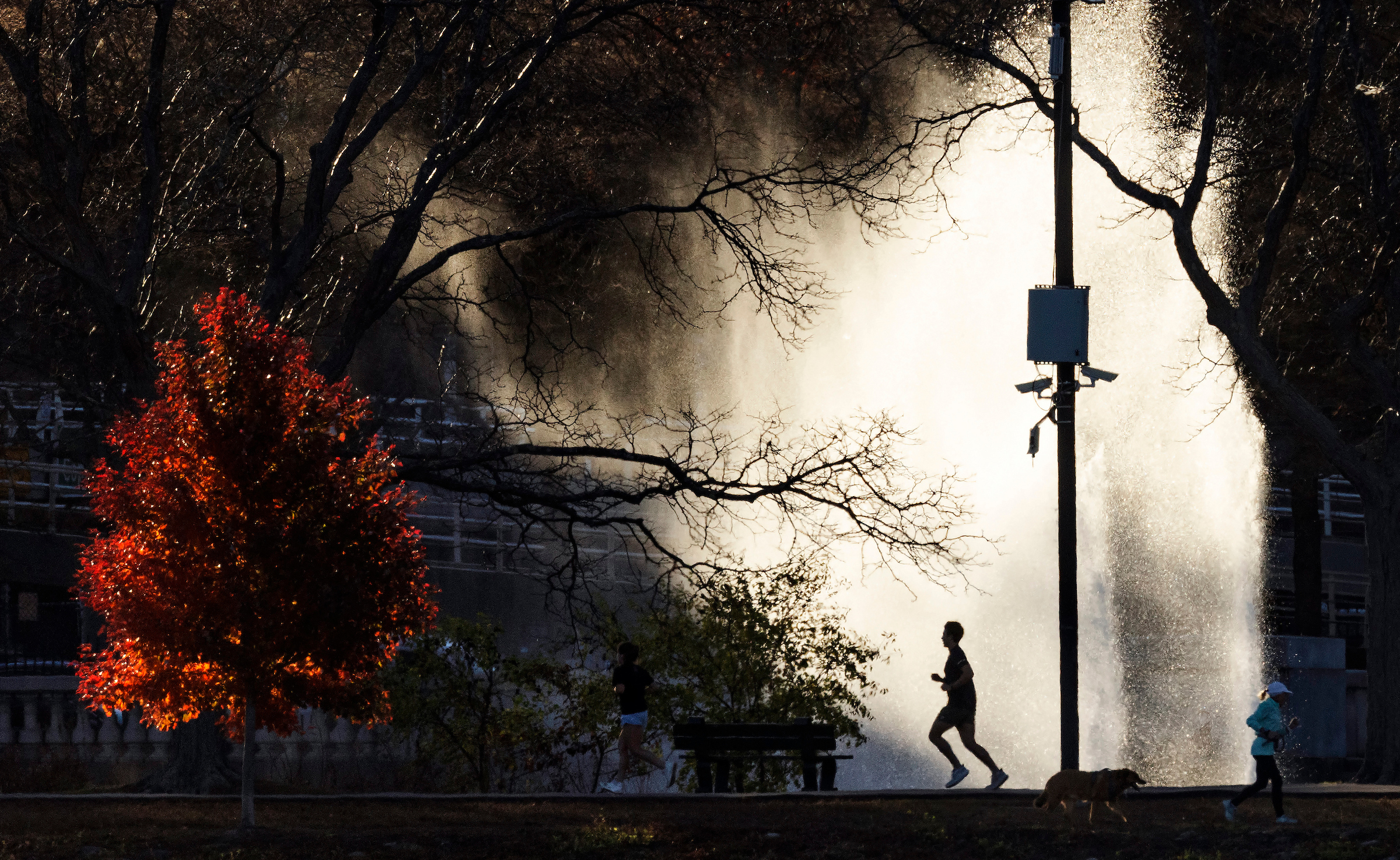 Nov. 6, 2024: A backlit fountain frames a jogger along Boston’s Esplanade.