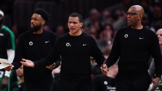 Dec 19, 2024; Boston, Massachusetts, USA; Boston Celtics head coach Joe Mazzulla reacts after called for a technical foul as they take on the Chicago Bulls in the second half at TD Garden. Mandatory Credit: David Butler II-Imagn Images