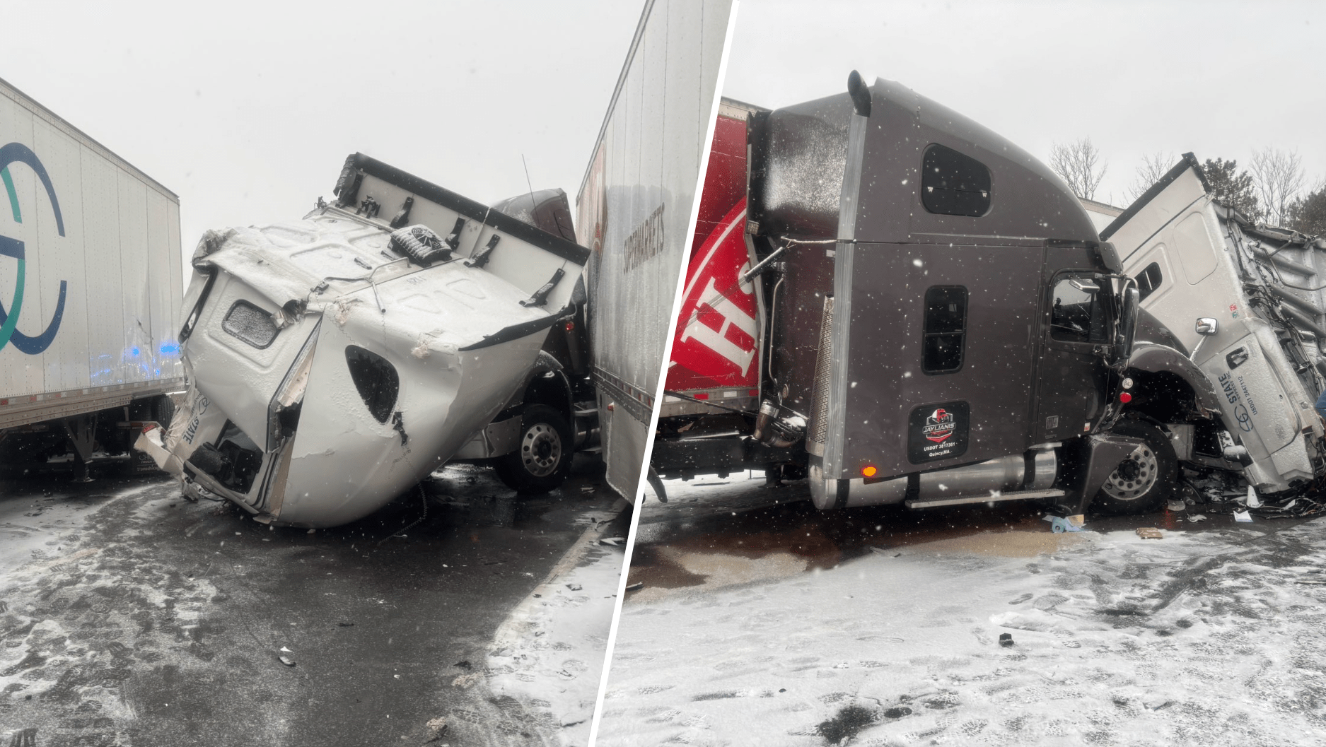 Two trucks that collided on the Massachusetts Turnpike in Auburn on Friday, Dec. 20, 2024.