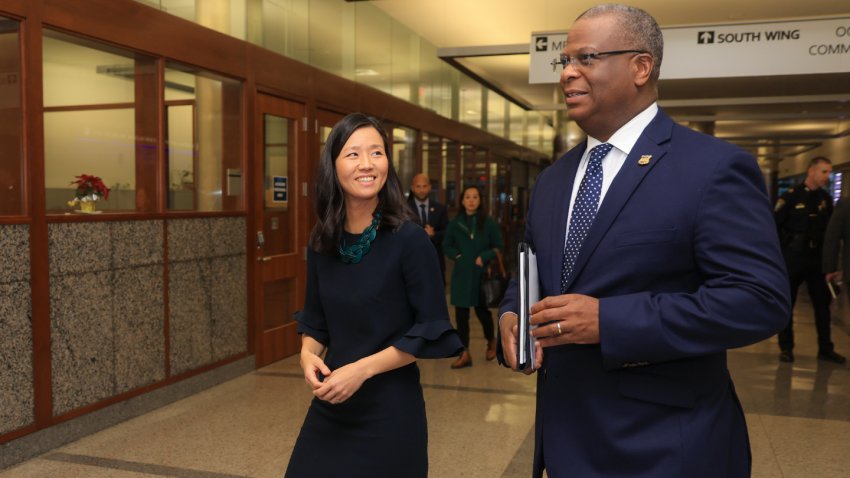 Boston, MA – March 13: Boston Mayor Michelle Wu talks to Boston Police Commissioner Michael Cox before a meeting on St. Patrick’s Day safety at Boston Police Headquarters. (Photo by Matthew J. Lee/The Boston Globe via Getty Images)