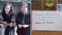 At left, a photo of Valerie and Violet Goldstein. At right, a note remembering their father, teacher Matthew Goldstein, on the door of the Edith Baker School in Brookline, Massachusetts, after the family's deaths on Christmas Day 2024 at their vacation home in Wakefield, New Hampshire.