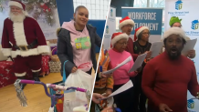 At left, Santa stands with a mom at the Menino Toy Drive, on Tuesday, Dec. 24, 2024. At right, carolers sing at Pine Street Inn.