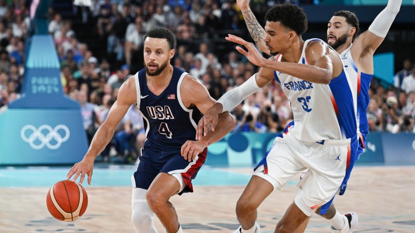 Team USA's Stephen Curry plays against France's Victor Wembanyama