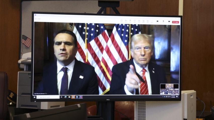 U.S. President-elect Donald Trump appears remotely for a sentencing hearing in front of New York State Judge Juan Merchan in the criminal case in which he was convicted in 2024 on charges involving hush money paid to a porn star, at New York Criminal Court in Manhattan in New York, Jan. 10, 2025. (Brendan McDermid via AP, Pool)