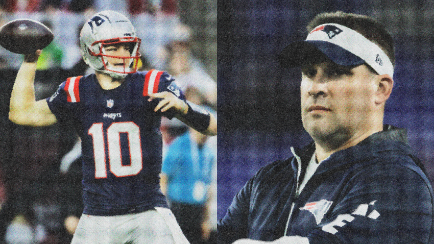 Patriots quarterback Drake Maye and offensive coordinator Josh McDaniels