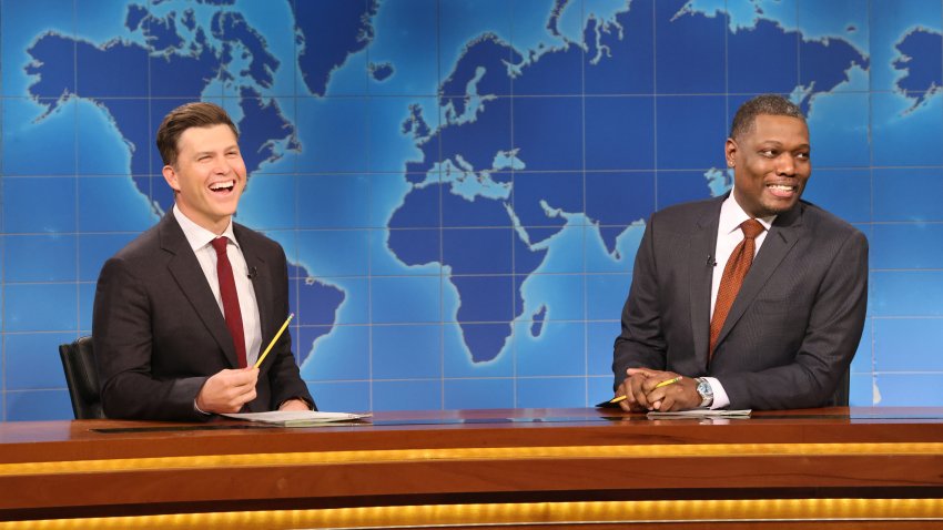 (l-r) Anchor Colin Jost and anchor Michael Che