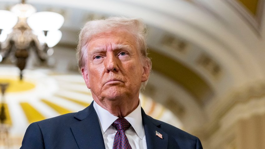 US President-elect Donald Trump speaks to members of the media following a meeting with Republican Senators at the US Capitol in Washington, DC, US, on Wednesday, Jan. 8, 2025. A faction of Trump’s allies is harboring doubts about Republicans’ chances of passing a sweeping tax bill in 2025 amid party infighting and strategy disputes. Photographer: Valerie Plesch/Bloomberg via Getty Images