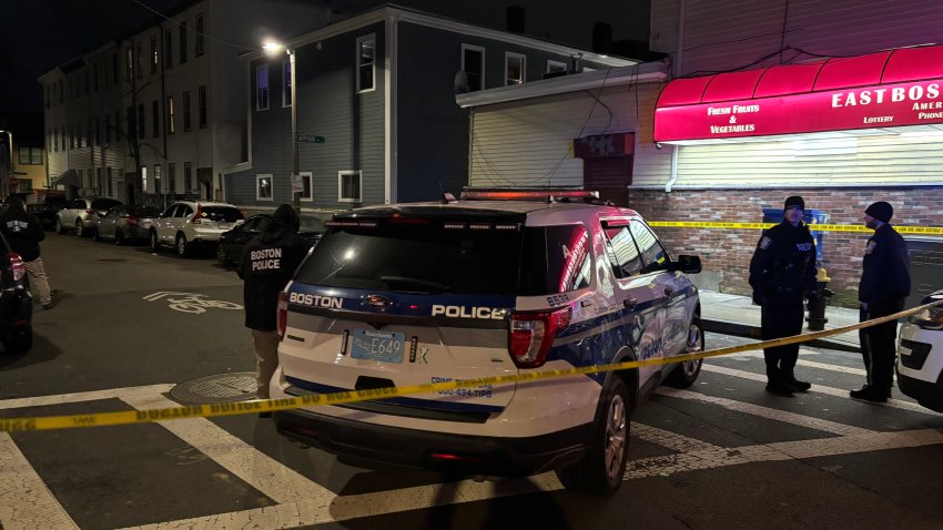 Police at the scene of a shooting in East Boston on Wednesday, Jan. 1, 2025.