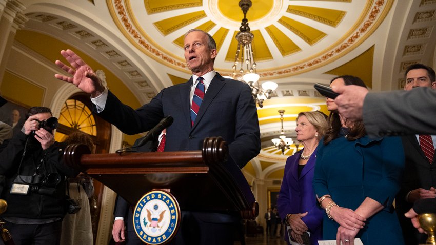 FILE - Senate Majority Leader John Thune of S.D., speaks to reporters on Capitol Hill, Tuesday, Jan. 14, 2025, in Washington.