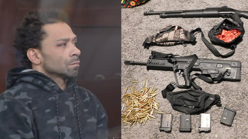 At left, Andres Rivera in West Roxbury District Court on Tuesday, Jan. 7, 2025, facing charges over an alleged armed home invasion in Hyde Park early Monday morning. At right, guns and ammunition are laid out on the floor after Rivera's arrest, in an image shared by Boston police.